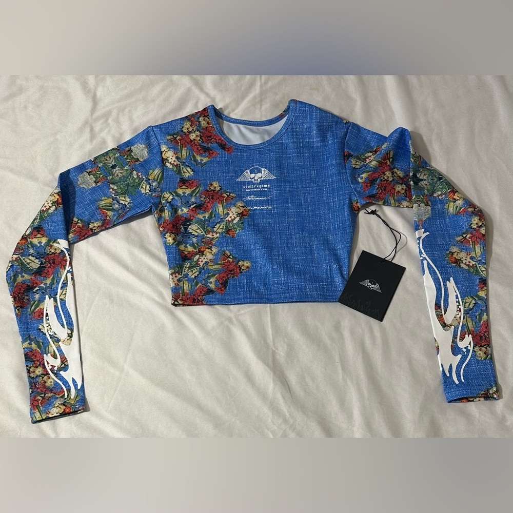 Civil Regime x No Tomorrow Blue Floral Long Sleeve Crop Top Size XS